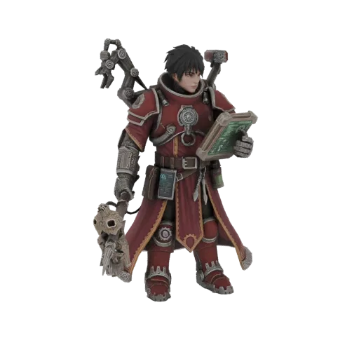 3D модель Техножреца Адептус Механикус из Warhammer 40,000 в красных робах, с дата-планшетом и механической серво-рукой.
