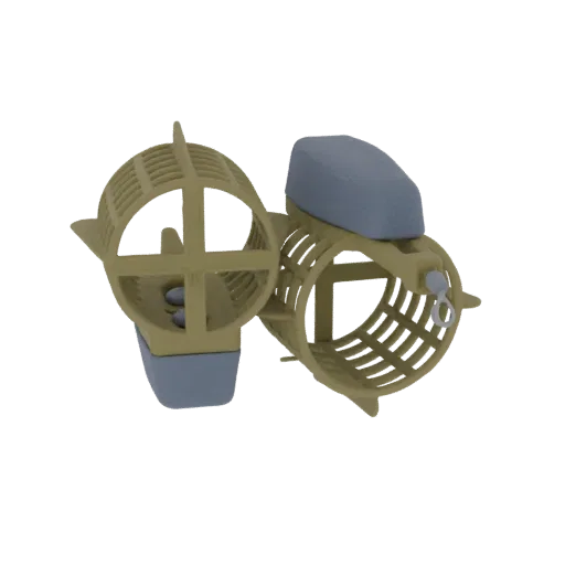 3D-рендер двух винтажных бигуди, одна открытая, другая закрытая, с бежевыми клетками и серыми колпачками на черном фоне.