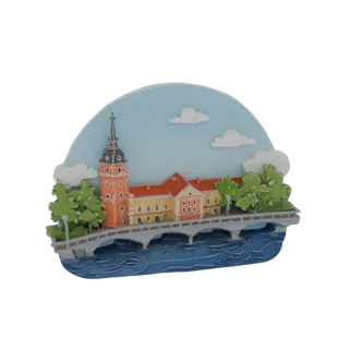 3D модель магнита-сувенира с изображением старого моста в Твери, реки и старинного здания с башней.