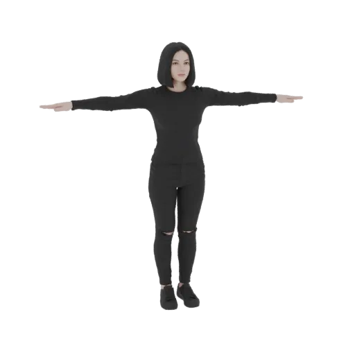 3D модель женщины в T-позе, одетой в черные рваные джинсы и черный лонгслив, с короткими темными волосами.