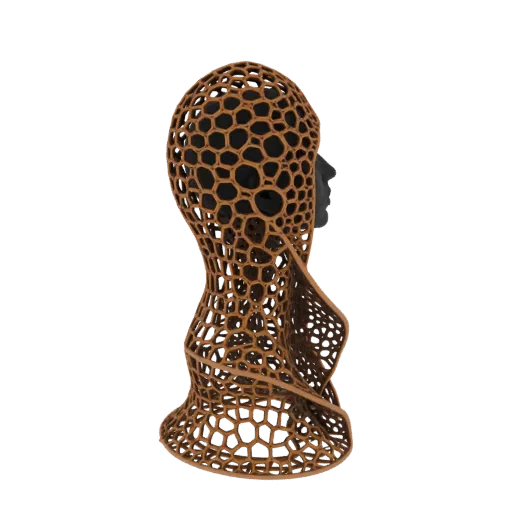 3D модель капюшона с коричневым сотовым узором, показанная на черной манекенной голове.
