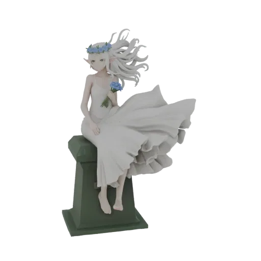 3D модель безмятежной эльфийской девы с длинными белыми волосами, в венке из синих цветов, держащей букет синих цветов и сидящей на зеленом пьедестале.