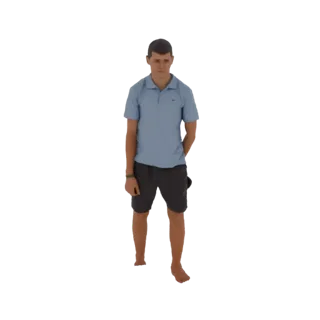 3D модель молодого человека в светло-голубой рубашке-поло и темно-серых шортах, стоящего с руками за спиной.