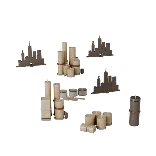 Реалистичный 3D-объект Urban Candle Cluster, студийный рендер три четверти, показывающий бумажные карточки, мелкие читаемые ф