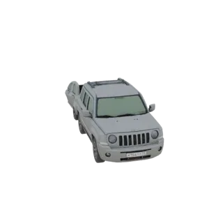 3D модель серого Jeep Patriot SUV, вид спереди под небольшим углом, демонстрирующий решетку и фары.