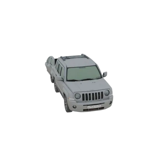 3D модель серого Jeep Patriot SUV, вид спереди под небольшим углом, демонстрирующий решетку и фары.