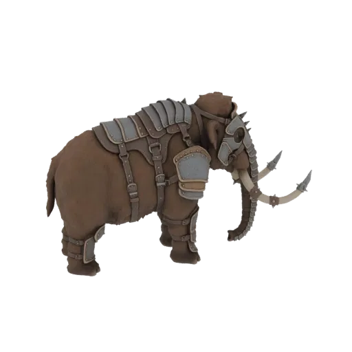 3D модель коричневого мамонта в детализированной серо-коричневой боевой броне с шипастыми бивнями.
