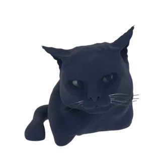 3D модель темно-синего кота с яркими глазами и серебристыми усами, смотрящего прямо на зрителя с загадочным выражением.
