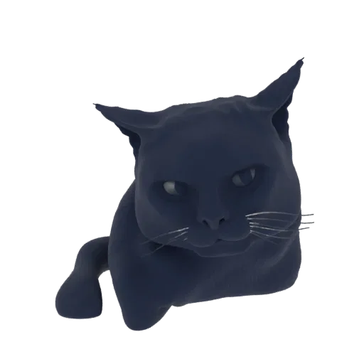 3D модель темно-синего кота с яркими глазами и серебристыми усами, смотрящего прямо на зрителя с загадочным выражением.