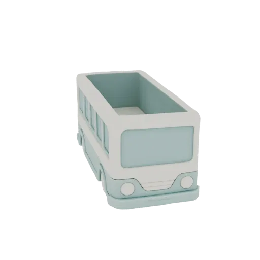 3D рендер стилизованного светло-голубого и белого автобуса с открытым верхом в виде кашпо на черном фоне.
