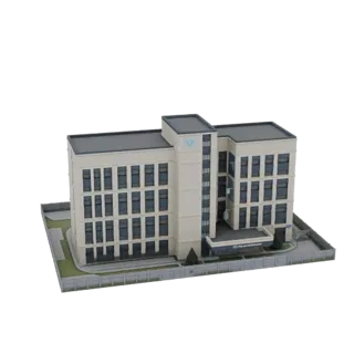 3D модель современного многоэтажного офисного здания со светлым фасадом и темными окнами на черном фоне.