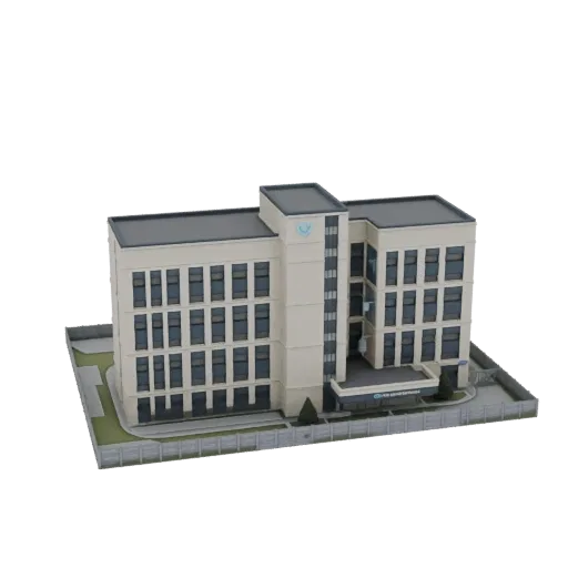 3D модель современного многоэтажного офисного здания со светлым фасадом и темными окнами на черном фоне.