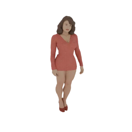 3D модель женщины в искрящемся красном мини-платье, элегантно позирующей.