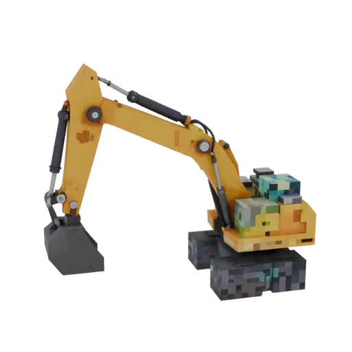 3D модель желтого экскаватора в пиксельном стиле Майнкрафт на черном фоне