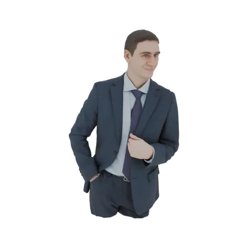 3D модель мужчины в темном костюме и фиолетовом галстуке, стоящего с рукой в кармане.