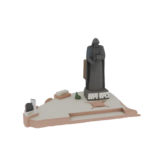 3D модель диорамы памятника солдату Второй мировой войны с фигурой солдата и надписью '1941-1945' на основании из обломков.