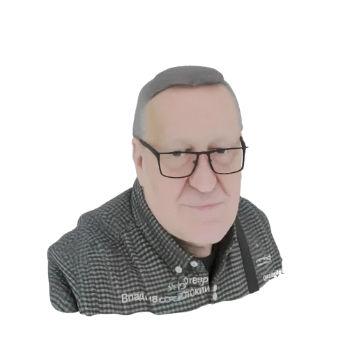 Рендер 3D модели бюста пожилого мужчины в очках и клетчатой рубашке, с седеющими волосами.