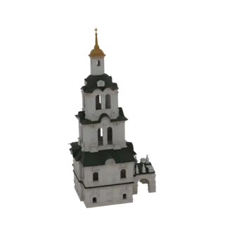 3D модель орнаментальной православной колокольни с белыми стенами, зелеными крышами и золотым шпилем на белом фоне.