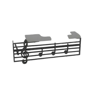 3D-модель минималистичного нотного стана с скрипичным ключом и двумя полками, выполненная в черно-серой цветовой гамме.