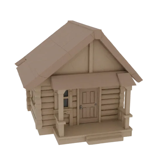 3D модель деревенского дома из бревен с верандой, детализированными стенами и двускатной крышей на белом фоне.