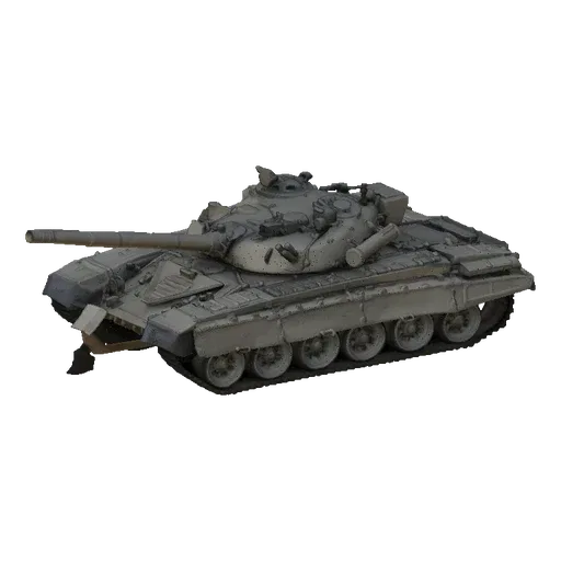 3D модель основного боевого танка Т-72, вид с трехчетвертного переднего ракурса на черном фоне.