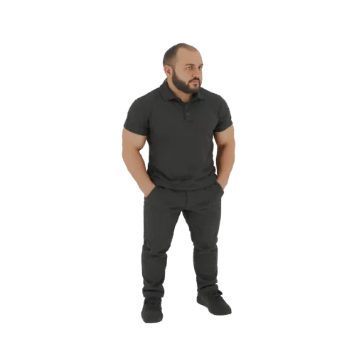 3D модель мужчины с бородой, в темно-серой рубашке поло и темно-серых брюках, стоящего с руками в карманах.