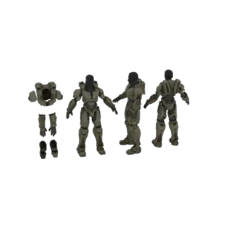 3D-модель набора брони Спартанца из Halo, показывающая три полные фигурки и отдельные детали брони оливкового цвета.