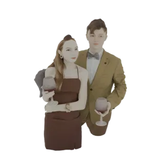 3D модель элегантной пары, мужчины в костюме и женщины в платье, держащих бокалы вина, на белом фоне.