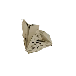 3D модель бежевой геометрической оригами скульптуры с замысловатыми сложенными плоскостями и треугольными узорами на белом фо