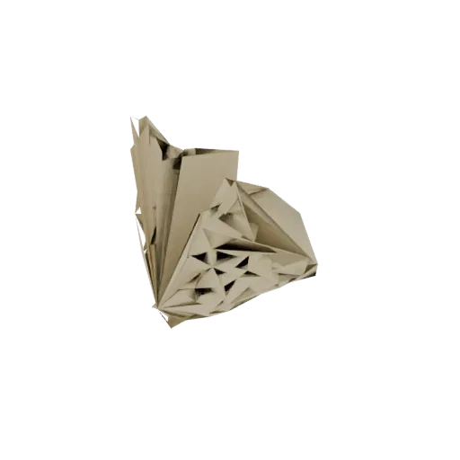 3D модель бежевой геометрической оригами скульптуры с замысловатыми сложенными плоскостями и треугольными узорами на белом фо