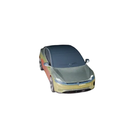 Мультяшная 3D-модель электрического седана, трехчетвертной студийный вид, стилизованный игровой ресурс автомобиля с линиями к