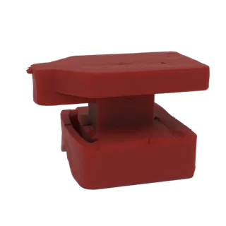 3D model of a red rubber bushing mount, showing its layered structure and textured surface.
