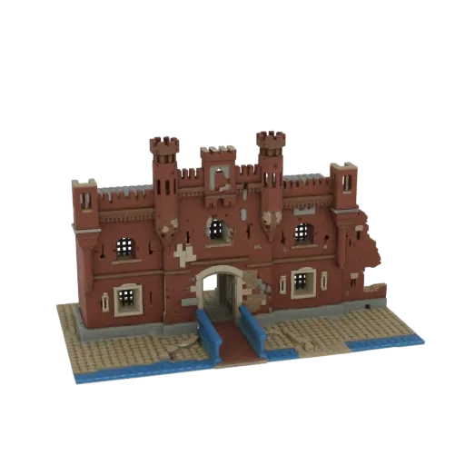 3D модель разрушенной брамы замка с красными кирпичными стенами, двумя башнями, центральной аркой и синим мостом над водной г