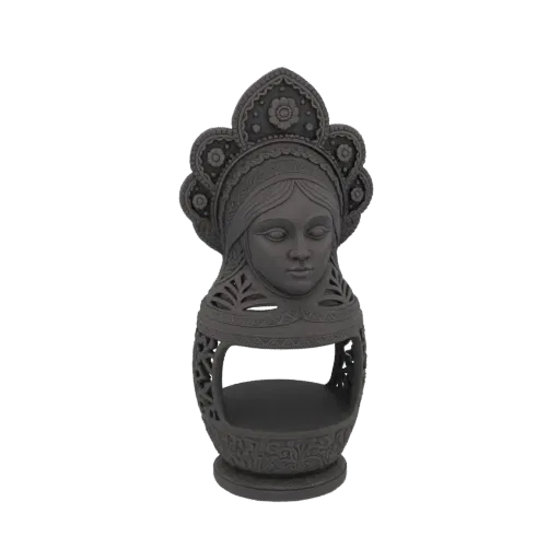 3D модель темно-серого фонаря в виде головы славянской женщины с узорным головным убором.