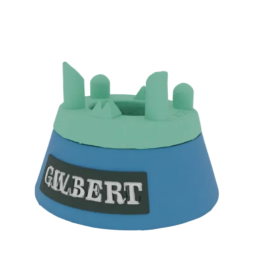 3D рендер сине-зеленой подставки для регбийного мяча Gilbert с логотипом 'Gilbert' на основании.