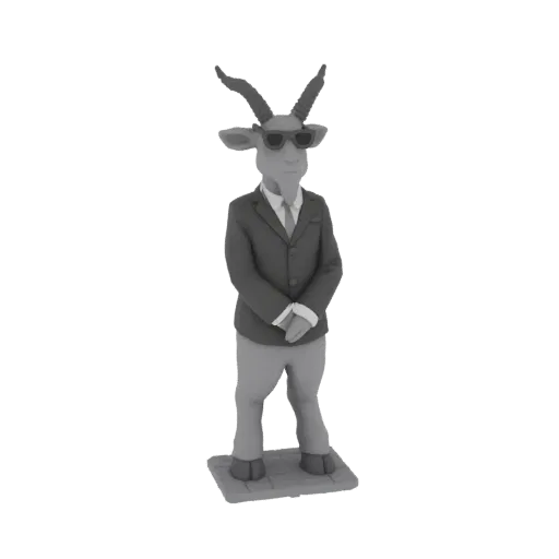 3D модель серого козла в черном костюме, белой рубашке, галстуке и солнцезащитных очках, стоящего на плитке.