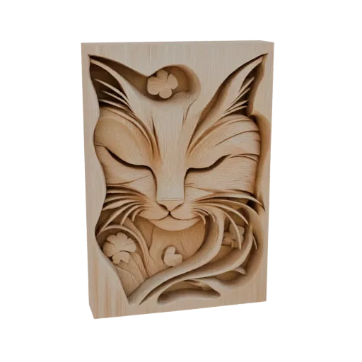 3D-модель безмятежной кошки, вырезанной из дерева, с закрытыми глазами и цветочными акцентами, демонстрирующая сложную тексту