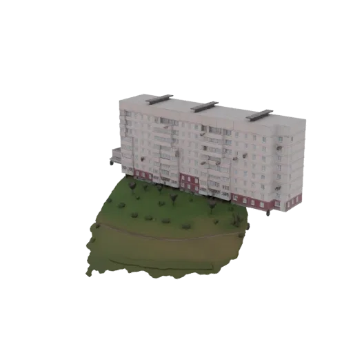 3D модель советского многоквартирного дома с балконами на зеленом рельефном основании с тропинкой.