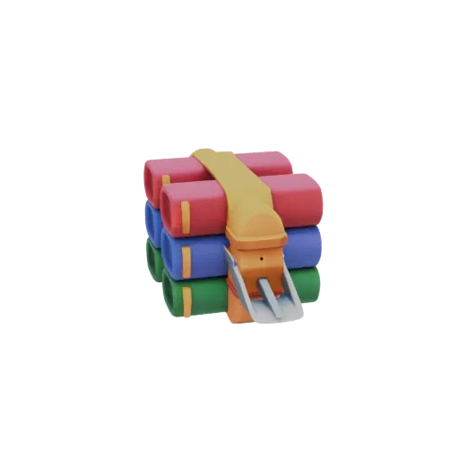 3D модель стопки красных, синих и зеленых книг, перевязанных желтым ремнем с пряжкой.