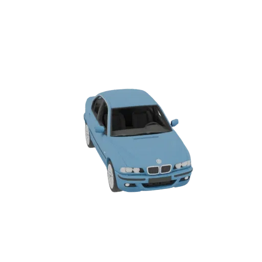 3D модель голубого седана BMW E39 1998 года, вид спереди и сверху