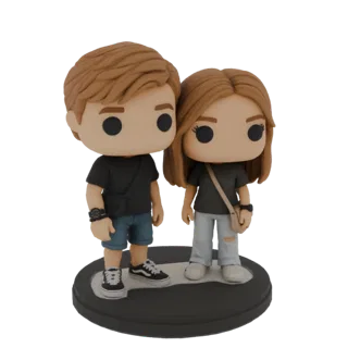3D-модель пары в стиле Funko Pop, стоящей на черной подставке, с мужской фигурой в черной футболке и синих шортах, и женской