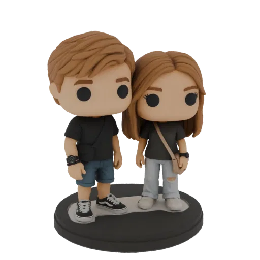 3D-модель пары в стиле Funko Pop, стоящей на черной подставке, с мужской фигурой в черной футболке и синих шортах, и женской