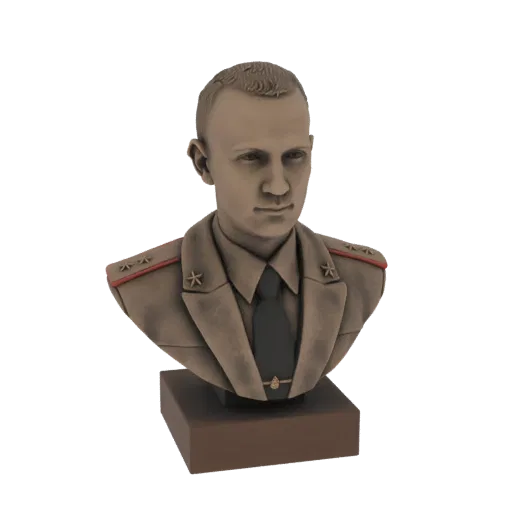 3D модель бюста советского офицера с бронзовым покрытием, в униформе со знаками различия.