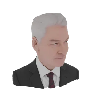 Рендер 3D-модели бюста мужчины с белыми волосами, в темном костюме и галстуке, смотрящего в сторону.