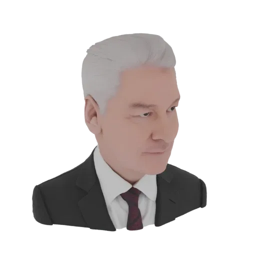 Рендер 3D-модели бюста мужчины с белыми волосами, в темном костюме и галстуке, смотрящего в сторону.
