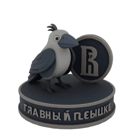 3D модель мультяшной вороны с монетой, стоящей на основании с русским текстом, на белом фоне.