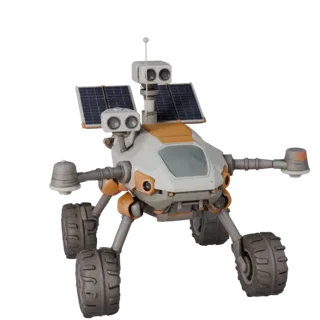 Стилизованная 3D-модель Prospector Drone Scout, стилизованный изометрический рендер, показывающий пыльные колеса, положение т