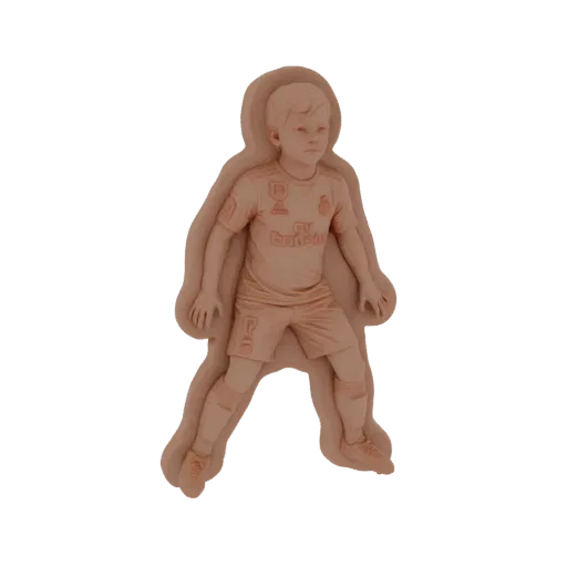 3D модель мальчика в футбольной форме, в атлетичной позе, готового к игре.