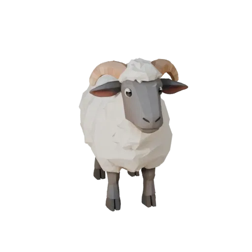 Низкополигональная 3D модель овцы, вид сбоку в игровой камере, низкополигональная модель животного с направлением шерсти, фор