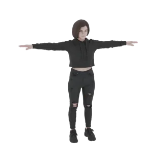 3D модель молодой девушки в T-позе, одетой в черное укороченное худи и рваные черные джинсы, с короткими темными волосами.